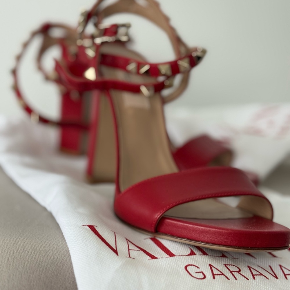 Valentino Red Heeled Sandals with Gold Studs